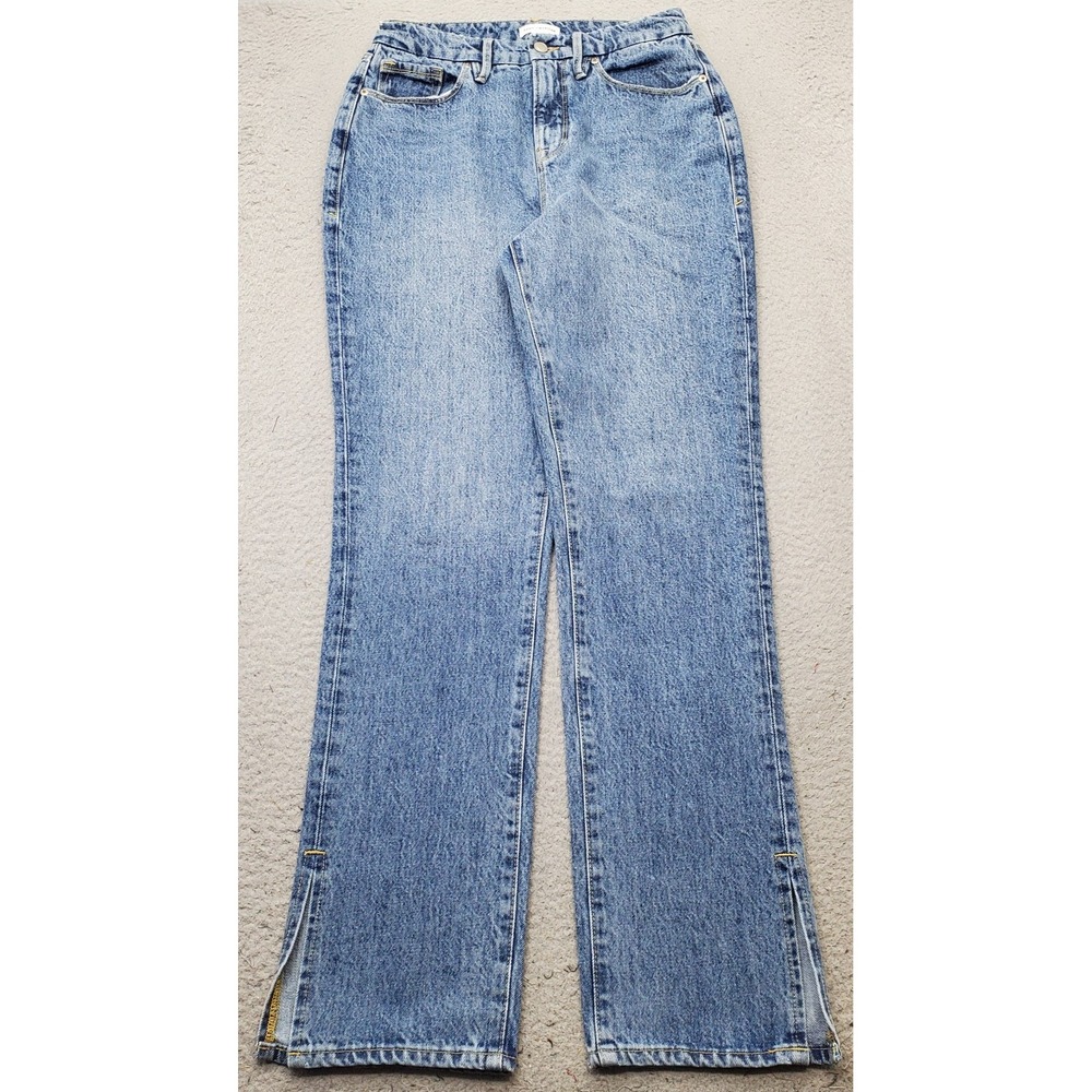 Good American Jeans Women 4/27 Blue Denim Faded Medium Wash High Rise Ankle Slit